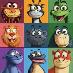 Fototapeta premium Nine Whimsical Cartoon Animal Portraits Smiling