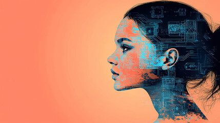 Obraz premium Profile illustration of a woman with a cybernetic digital design and circuit patterns in blue-orange tones. Generated with AI.