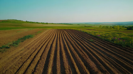 Serene landscape of a plowed field, ready for planting, under a clear sky
