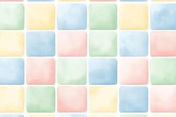 A seamless pattern of pastel-colored squares in blue, green, yellow, and pink, arranged in a grid on a white background.