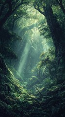 Obraz premium Enchanted Forest with Lush Greenery and Sunlight Beams