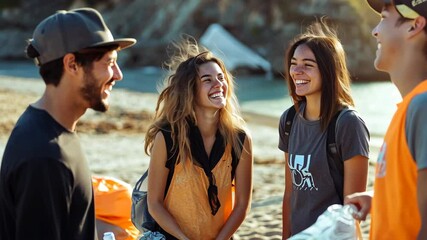 Group of young people enjoying beach cleanup while sharing laughs and promoting environmental awareness