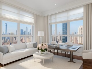 Bright, modern living room with elegant furniture and stunning city views through large windows.