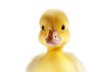 Portrait of a cute yellow duckling gazing directly into the camera, showing its innocent and playful personality with a slight tilt of the head.