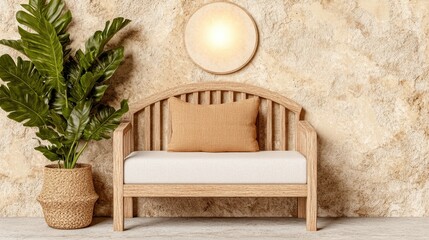 Rustic wooden bench with cushion, potted plant, and round light against a textured wall.