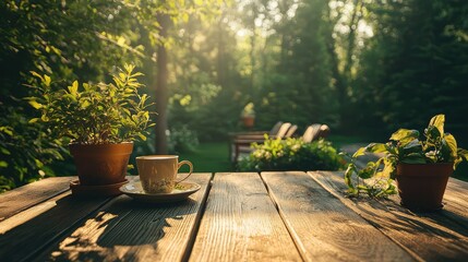 Cozy Outdoor Cafe Atmosphere with Plants and Sunlight in Garden