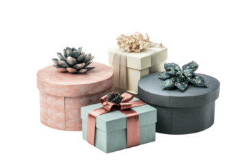 Several gift boxes of different shapes and colors arranged in a semi-circle, with ribbons and decorative elements, suggesting variety in present options.