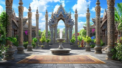 Fototapeta premium Ornate Temple Courtyard with Fountain and Lush Gardens in Vibrant Surroundings