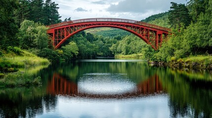 Fototapeta premium Scenic Red Bridge Over Tranquil Water Surrounded by Greenery