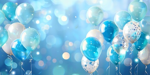 Festive birthday party background featuring blue balloon decorations.