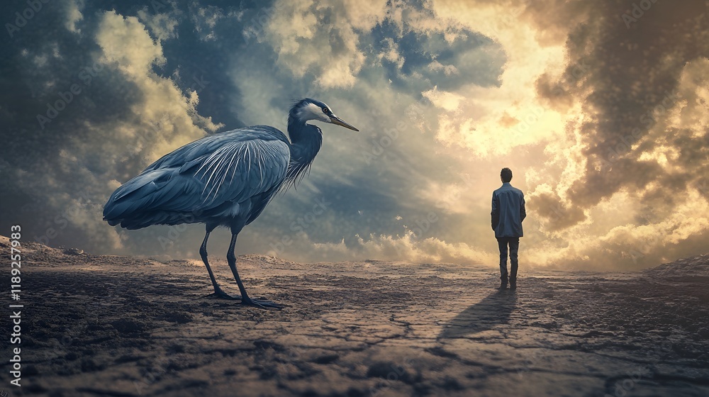 Poster surreal encounter between man and giant bird in a dramatic landscape under an expansive sky filled w