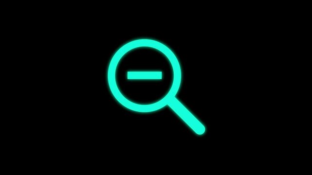 Zoom out icon glowing neon cyan color animation black background. A simple white magnifying glass icon on a black background. Magnification glass, Search engine optimization.