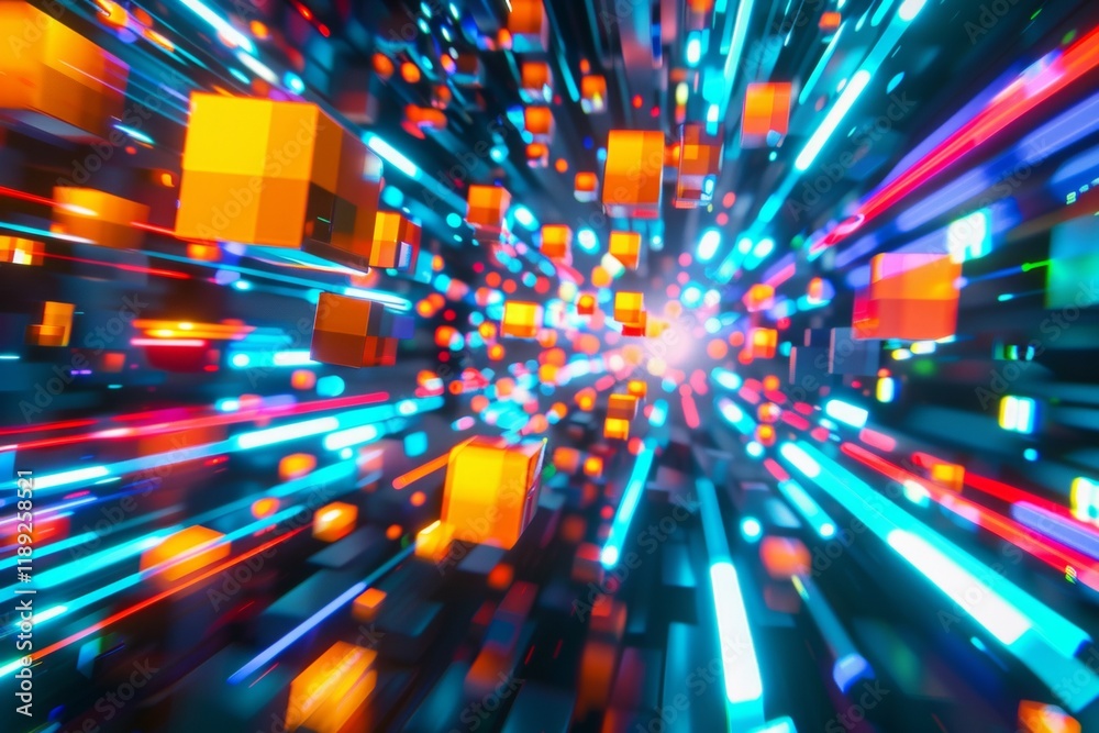 Poster visualizing kutae network traffic blocky data packets in motion digital space abstract viewpoint