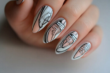 Creative nail art featuring intricate line drawings on oval-shaped nails in a modern style