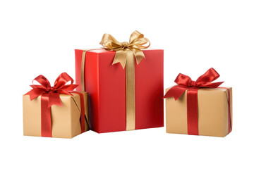 Three gift boxes of different shapes arranged in a row, each tied with a red ribbon and bow.