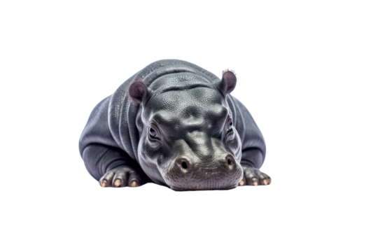 Tiny, playful baby hippo resting on its side, with gentle folds of skin and relaxed limbs, expressing a calm and serene look.