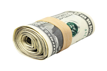 A bundle of money is tied together with a rope , isolated on white background