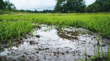 Fototapeta premium Serene Landscape with Green Grass and Water Puddle After Rainfall