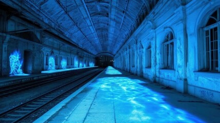 Abandoned train station platform bathed in vibrant blue light projections.