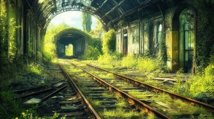 Abandoned train station tunnel overgrown with vegetation. Sunlight streams through the archway, illuminating the overgrown railway tracks.