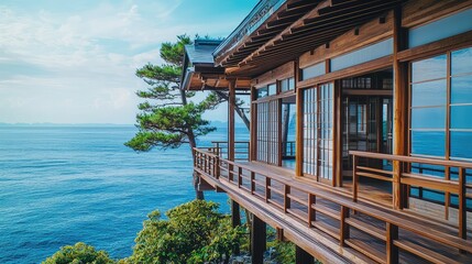 Obraz premium Stunning Wooden House Overlooking Serene Ocean and Nature Scenery