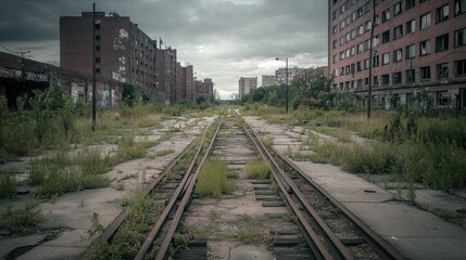Abandoned train tracks amidst overgrown urban decay, leading towards a row of dilapidated buildings under a cloudy sky.