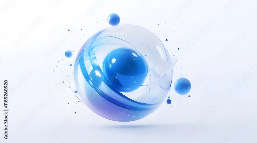 Wall mural abstract blue sphere with swirling transparent rings and small spheres.
