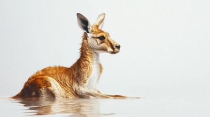 A kangaroo is sitting in shallow water.