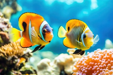 Fototapeta premium Vibrant Tropical Fish Swimming in Coral Reef with Colorful Coral, Underwater Scene Captured in Crystal Clear Waters, Perfect for Marine Life Enthusiasts and Nature Lovers