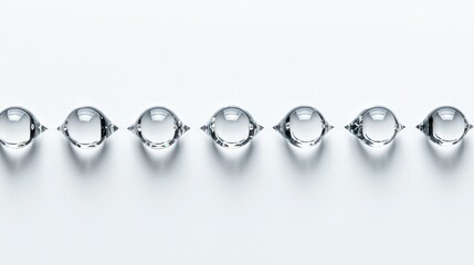 Glass spheres in a straight line on a white background