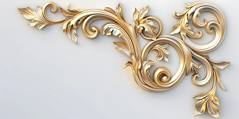 3D rendering of a golden corner decoration with swirls and leaf shapes.