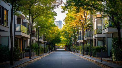 Modern Apartment Buildings in a Tree-Lined Street