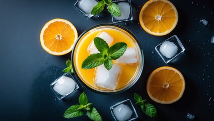 Refreshing orange juice with mint and ice