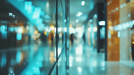 Abstract Teal Shopping Mall: Blurred, abstract image of a modern shopping mall interior, showcasing teal and orange hues reflecting in glass panels.  The image evokes a sense of movement and vibrancy.