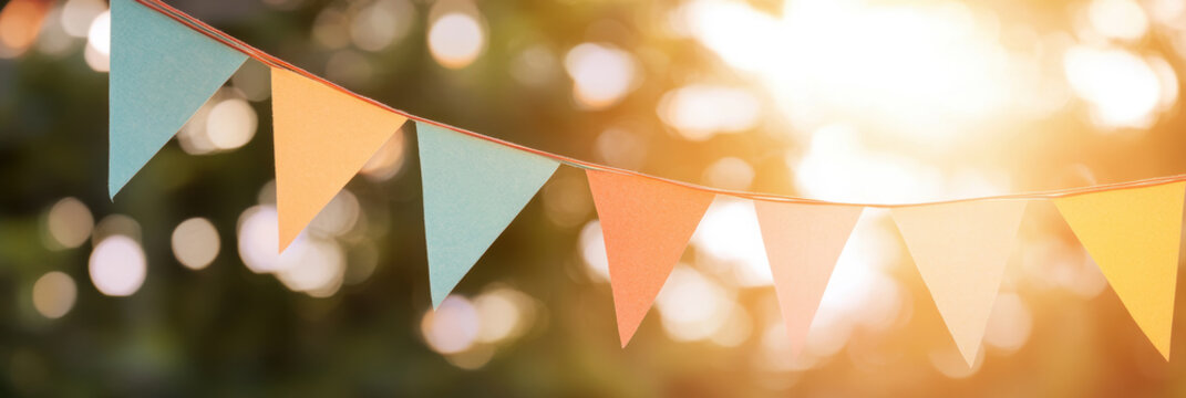 Colorful festive bunting flags with sunlight bokeh in a garden setting