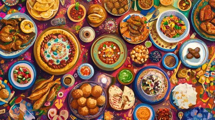 Global culinary feast, diverse dishes on vibrant tablecloth.