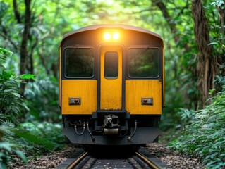 Naklejka premium Vibrant Train Emerging from Dense Greenery in Serene Jungle Environment with Soft Lights Illuminating the Path Ahead for Nature Lovers and Adventure Seekers