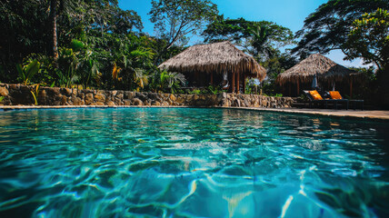 Obraz premium A tropical island resort featuring a clear blue pool, thatched-roof cabanas, and crystal-clear waters just a few steps away—ideal for luxury travel, beach vacations, and tropical escapes. 