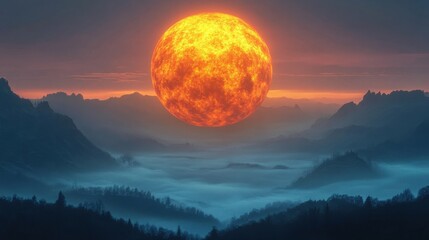 a massive sun rises over a misty mountain range