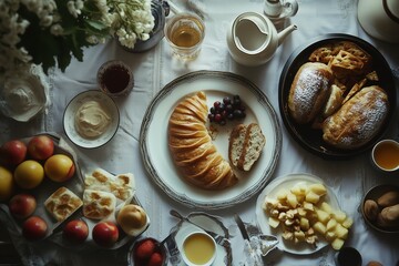 Elegant breakfast spread with pastries and fruits on a beautifully set table.