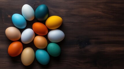A top view of colorful Easter eggs arranged in a circle on a wooden table