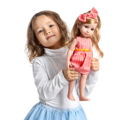 Cute little girl with doll on white background