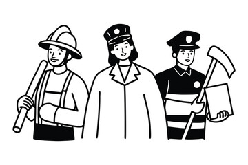  Black and White Illustration of Three People in Uniform, Firefighter, Police Officer, and Construction Worker, Professional People, Workers, Line Art vector clipart.
