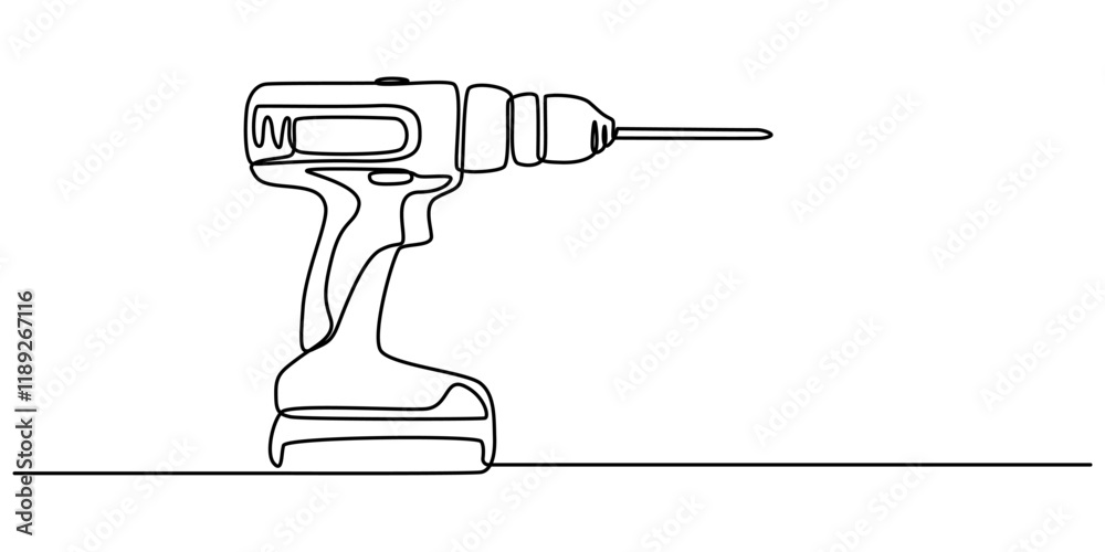 Poster electric drill with spiral bit continuous line art for precision in construction and manufacturing, 