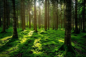 Fototapeta premium a natural landscape of dense forest with large trees, forest plants and botanical diversity during day time.