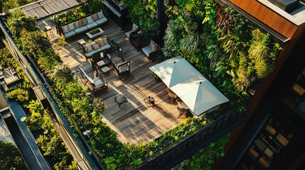 Urban rooftop garden with lounge furniture and natural landscaping