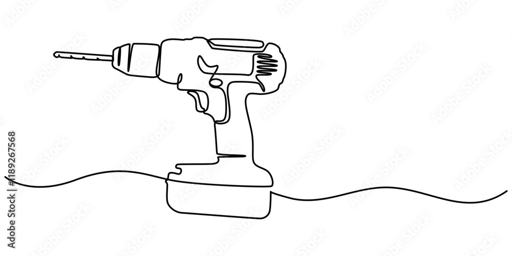 Poster electric drill with spiral bit continuous line art for precision in construction and manufacturing, 