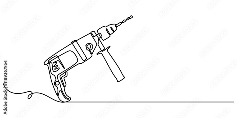 Poster electric drill with spiral bit continuous line art for precision in construction and manufacturing, 