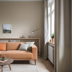 Interior Moodboard with Green, Beige, Dark Gray, and Orange Accents

