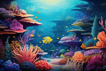 Naklejka premium Exploring vibrant coral reefs and tropical fish in a breathtaking underwater ecosystem off a scenic coastline